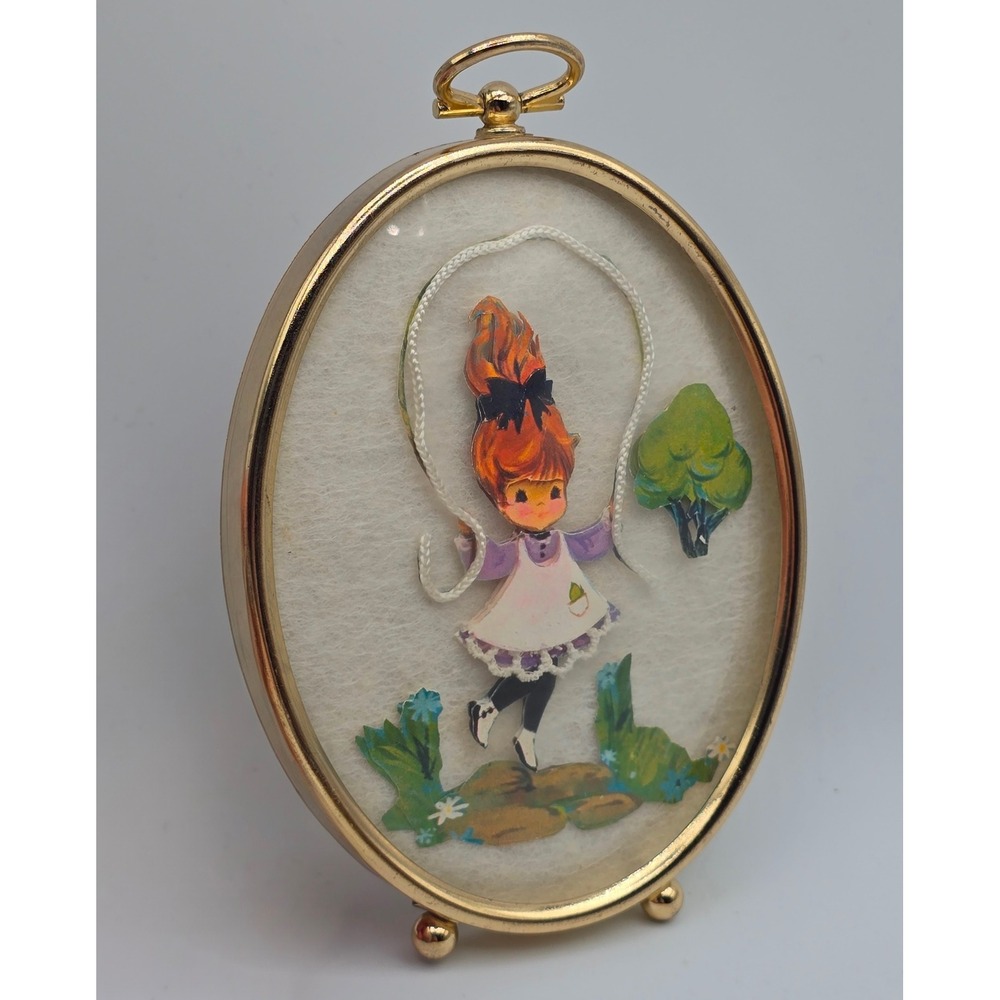 Vintage 3D Paper Tole Girl Jumping Rope Gold Oval Frame MCM Whimsical 70s
